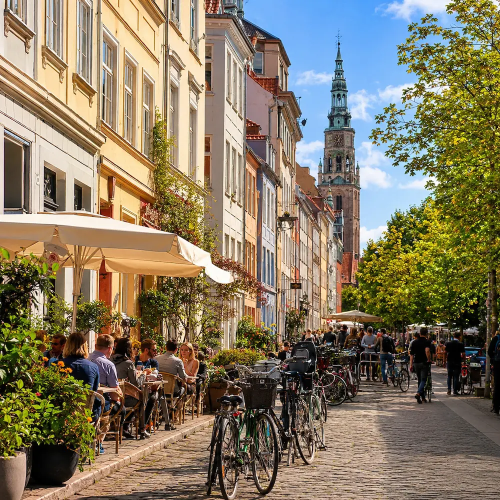 Rejsende på en solrig udsigtsrute med bjerglandskab i baggrunden
